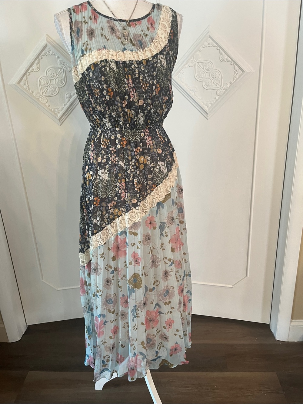 foxiedox Floral Patchwork Maxi Dress in Navy, Light Blue, Pink